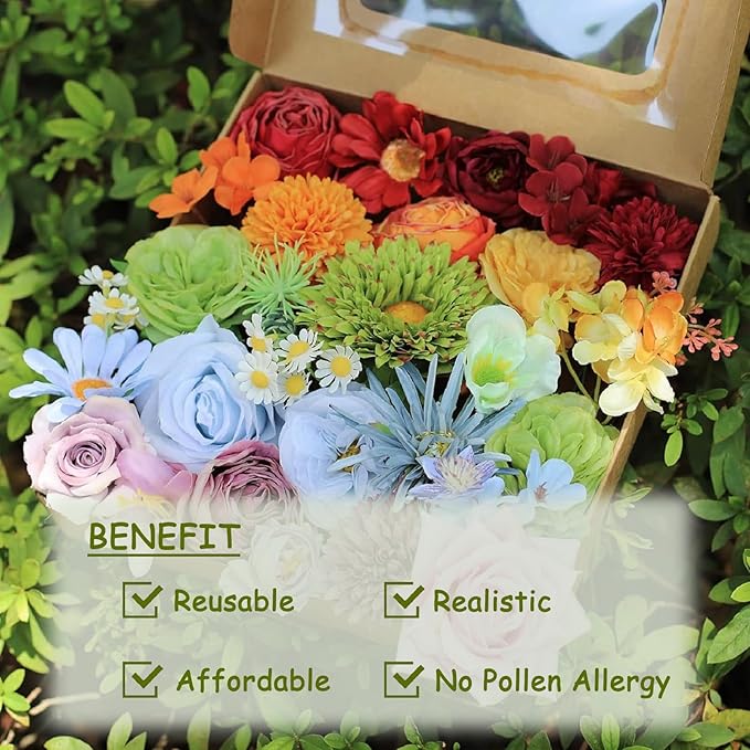 Artificial Flower Combo Set, 37PCS Rainbow Silk Flower Faux Bouquet Set with Stems for DIY Bridal Wedding, Colorful Fake Flowers for Flower Arrangement Party and Home Decor