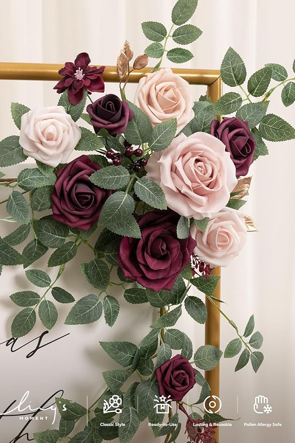 Ling's moment Wedding Artificial Welcome Sign Flowers Swag Arch Floral Garland Decorations Marsala Blush Ceremony Reception Entrance Entryway Party Banquets Easel Wall Home Outdoor(NOT Include Sign)