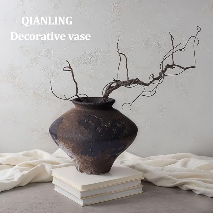 Wabi Sabi Rusty Vintage Vase, 6.3" Tall Wabi Sabi Decor Rustic Farmhouse Pottery Vase for Centerpiece, Textured Pottery Flower Vases for Home Decorative, Table, Living Room, Bedroom, Bathroom, Kitchen