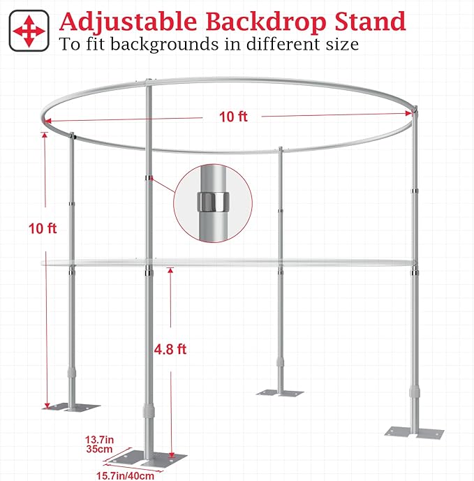 EMART Backdrop Stand Heavy Duty 10x10Ft, Round Pipe and Drape Photo Background Support Kit, Adjustable Metal Frame with Flat Base for Photography Wedding Birthday Party Decorations