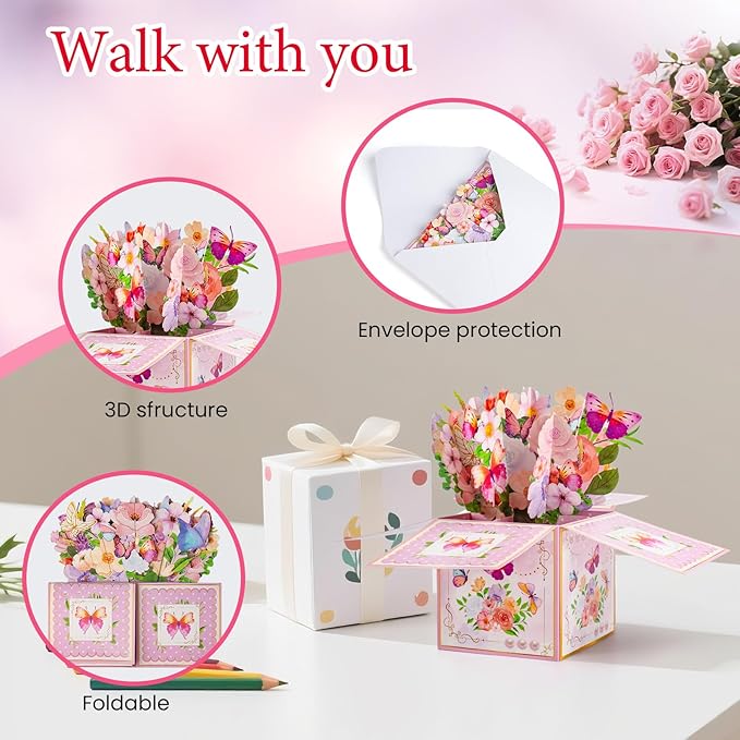 3D Pop Up Birthday Cards with Music, LED Light Musical Happy Birthday Gift Box for Women, Flowers and Butterflies Handmade Foldable Flower Box with Envelope for Mom Wife Daughter Sister