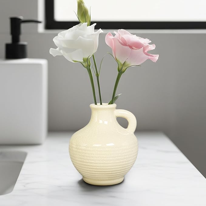 Sunddo White Ceramic Vase 6 Inch - Small Modern Flower Vase for Home Decor, Decorative Vases with Handle, Boho & Minimalist, Living Room Cabinet Table Centerpieces Wedding Beige