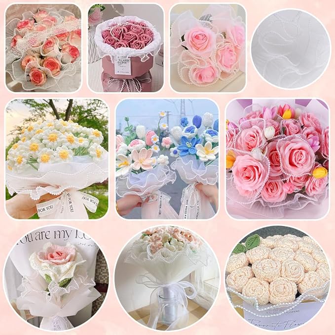 White Flower Wrapping Kit, 20 Sheet DIY Supplies, Bouquet Wrapping Paper, Mesh Paper, Wooden Sticks, Valentine's Day, Mother's Day, Graduation
