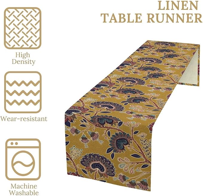 Boho Floral Table Runner, Mustard Yellow Paisley Floral Vintage Farmhouse Table Runner for Kitchen Dining Holiday Party Decor, 13x120 Inch