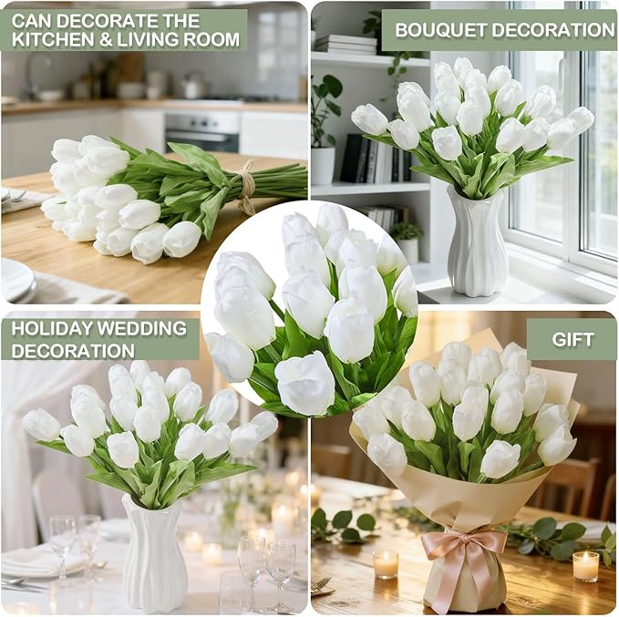 Artificial Flowers Mother's Day Easter Valentine's Day Gifts, Artificial Flowers Fake Tulips Flowers Home Kitchen Wedding Table Decorations a Bunch of 20 White Tulips