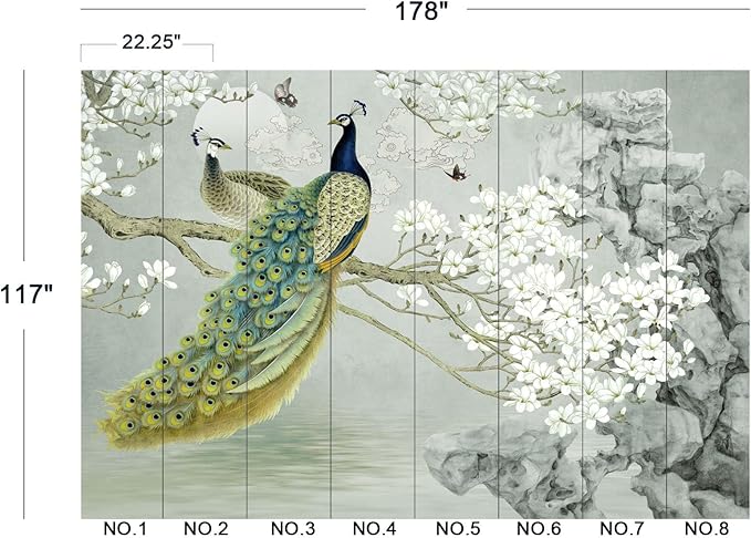 Magnolia Flower Peacock Chinoiserie Wallpaper for Bedroom 178" x 117"