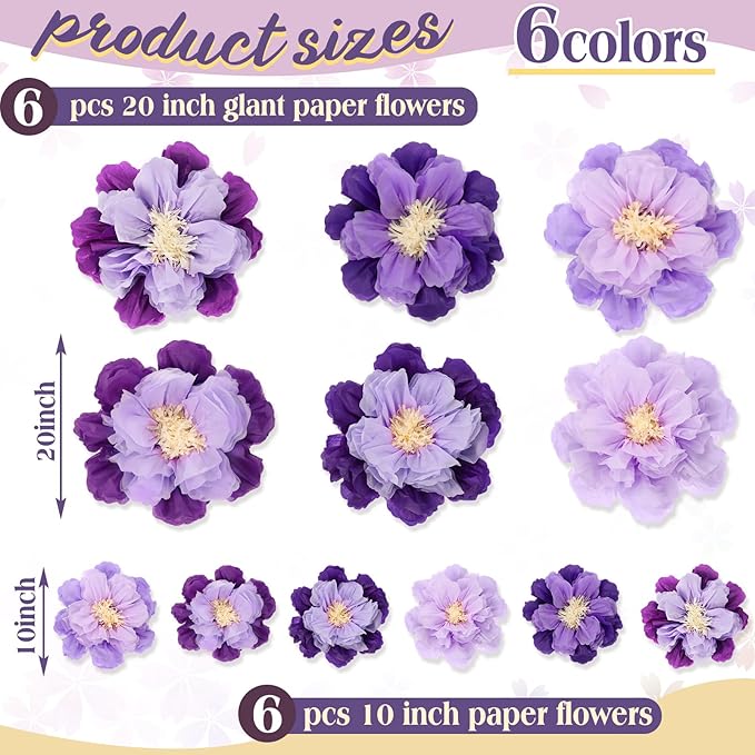 MotiMind 12 Pcs Large Colorful Tissue Paper Flowers 20" 10'' Giant Fiesta Paper Flowers Mexican Pom for Carnival Party Wall Backdrop Decoration Wedding Birthday(Gradient Purple)