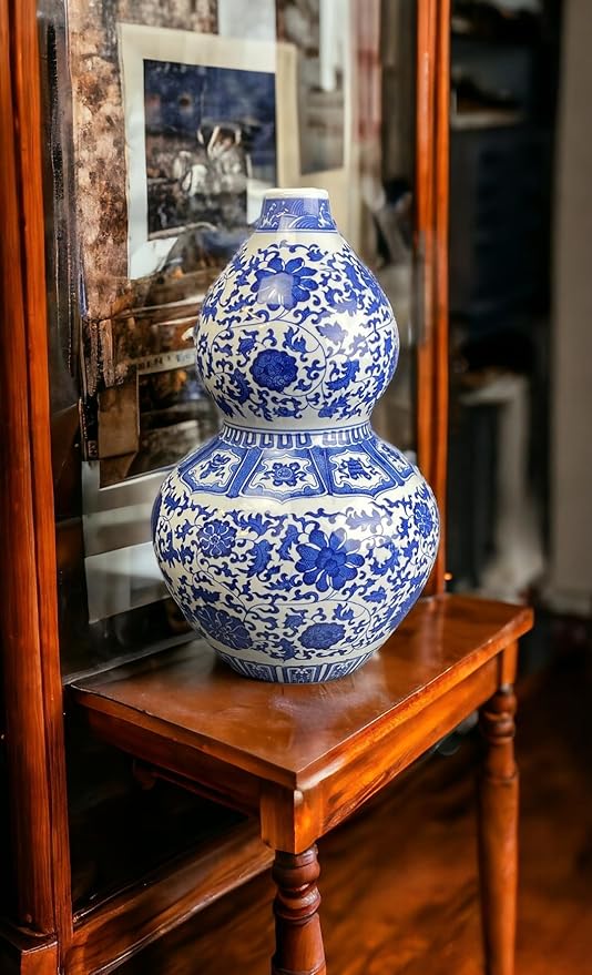 17" Classic Blue and White Porcelain Gourd-Shaped Vase, China Ming Style, Happiness, Good Fortune, Fengshui, Jingdezhen, Free Wood Base
