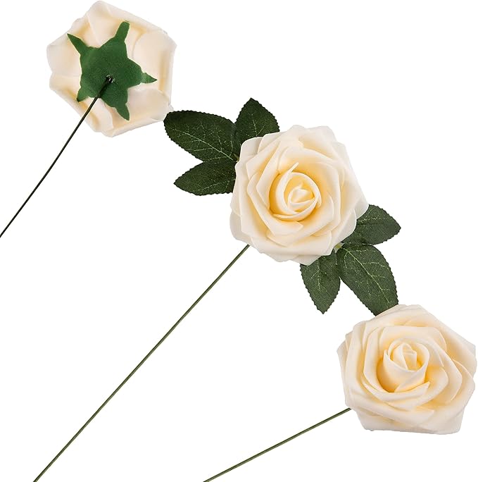 Artificial Flower Foam Rose 25pcs Real Looking Fake Rose with Stems Leaves for Home Decoration Party Garden Centerpieces DIY Wedding Bouquets（Champagne）