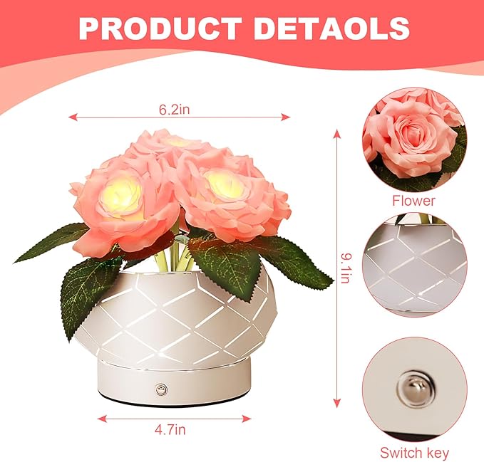Roses Flower Touch Table Lamp,Rechargeable Cordless 3-Colour Dimming Small Night Light for Festival Housewarming Home Decor Birthday Gifts for Bedroom, Living Room Dining Room