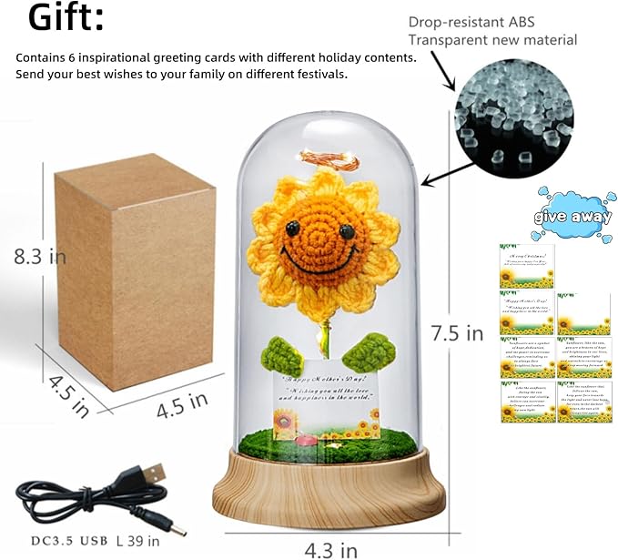 Levvohd Crochet Sunflower Gifts for Women, in Plastic Dome Sun Flower for Her Mom Grandma Birthday Mothers Day Christmas Day Gift (Card- Sunflower 4.3 in X 7.5 in)