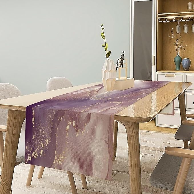 Pink Marble Table Runner Purple Maroon Gold Veins Unique Ombre Abstract Modern Luxury Ink Texture Seasonal Dinner Runner Table Decoration for Home Kitchen Dining Holiday Party 13x60in
