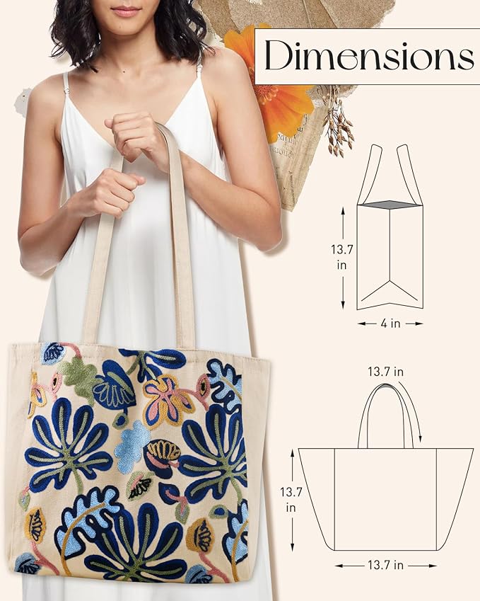 Aesthetic Embroidery Tote Bag for Women - Reusable Canvas Cute Shoulder Bag for Shopping, Grocery, Work, Book