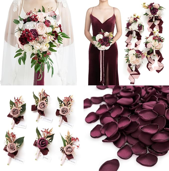 Ling's moment Wedding Artificial Flowers Package, Bridal Bouquet, Bridesmaid Bouquets, Boutonniere for Men, Rose Petals.Burgundy Blush