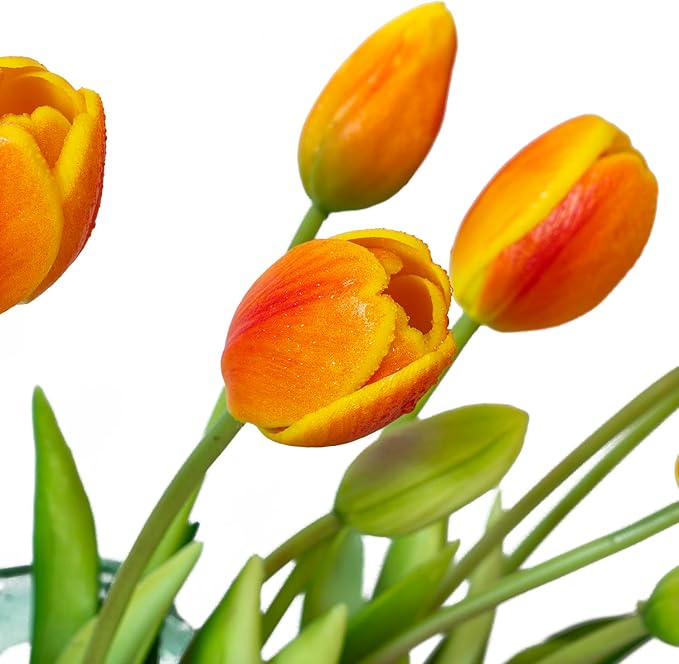 15pcs Artificial Tulips Flowers, Real Touch Latex Bouquet, Fake Tulips for Office Wedding Party Home Kitchen Garden Decoration-B Orange