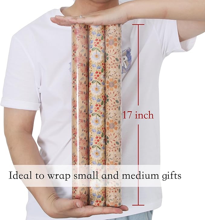 Aimyoo Kraft Floral Wrapping Paper Bundle, Vintage Spring Flowers Rose Gift Wrap Paper for Wedding Bridal Shower Birthday, 3 Rolls 17 in x 10 ft per Roll
