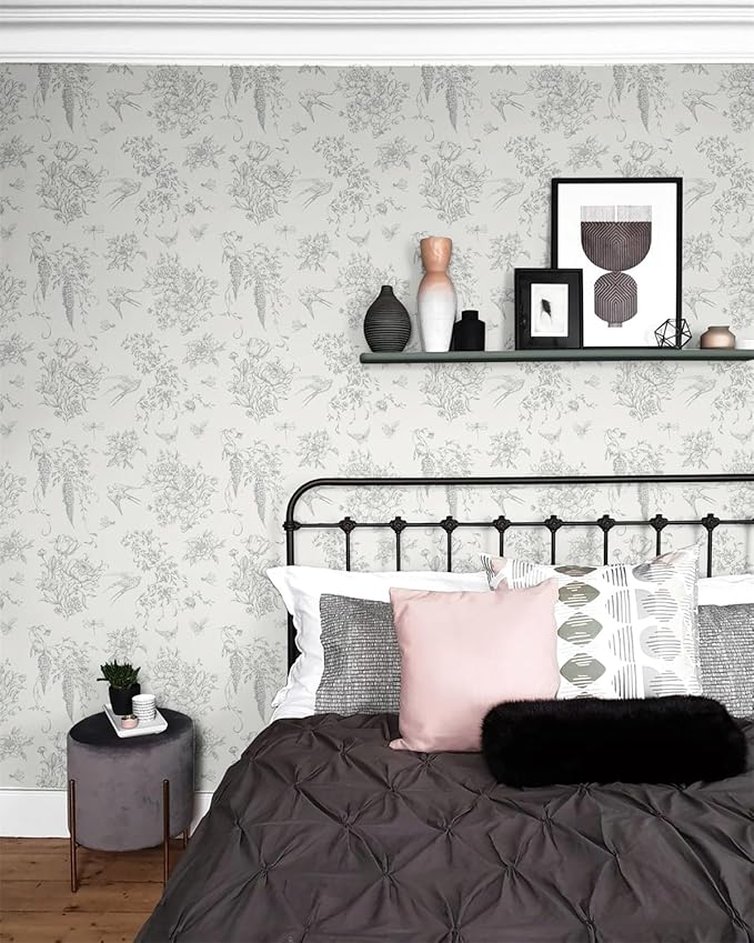 Cream White and Gray Peel and Stick Wallpaper Vintage Floral Contact Paper 16.9"x118.1" Floral Birds Self Adhesive Removable Wallpaper Grey Flowers Decorative Wall Paper for Bathroom Cabinets