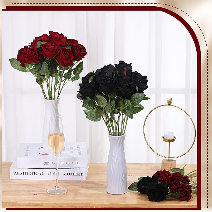 80 Pcs Roses Artificial Flowers, Silk Black & Red Artificial Flowers Petals Long Stem Roses for Wedding Bouquet Home Party Decor