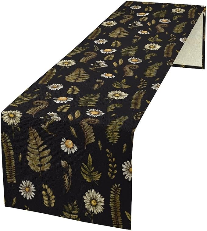 Vintage Daisy Flower Table Runner, Rustic Forest Green Plants Leaves Wild Floral Ferns Print Holiday Kitchen Dining Coffee Table Decoration for Home Indoor Outdoor Party, 13x108inch