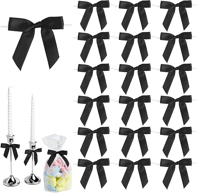 50 PCS Black Twist Tie Bows 2.5" Satin Ribbon Bows Decor for Gift Wrapping Craft Treat Bags Cake Pop Basket, Wedding Baby Shower Birthday Party Favors