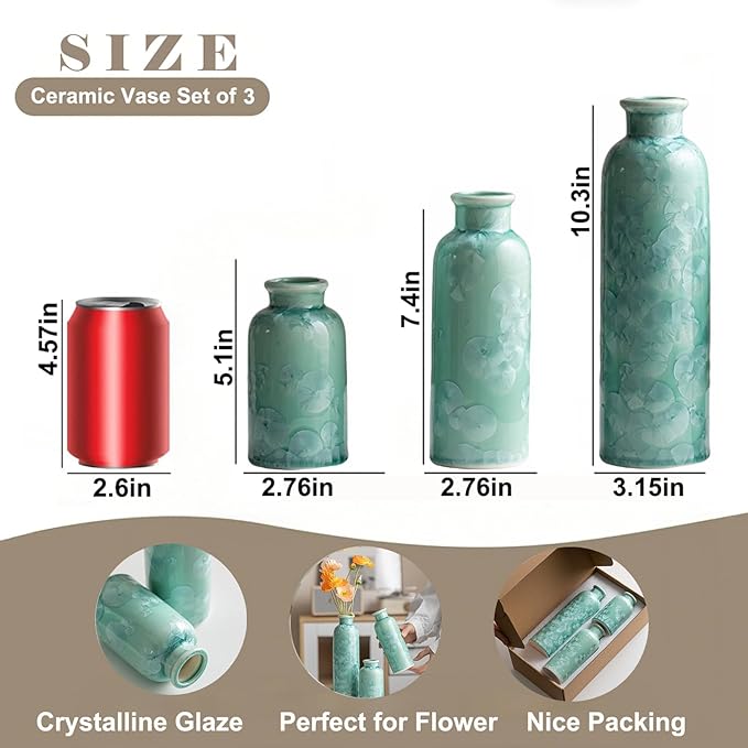 Modern Ceramic Vase Set of 3, Green Crystalline Glaze Colors, Decorative Bottles for Home, Farmhouse Rustic Decor (Crystalline Glaze Green)