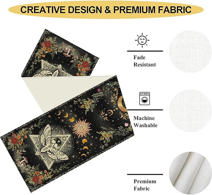 Gothic Moth Table Runner, Boho Gothic Sun Moon Phase Wildflower Mystical Witchy Farmhouse Coffee Table Center Decor for Home Kitchen Dining Patio Holiday Party Table Decorations 13x90 inches