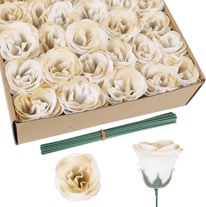 Glitter Roses Bouquet,30PCS Glitter Flowers Fake Roses Artificial Flowers with Stems for Wedding Party Christmas Valentine's Day Home Decor (Gradient Champagne