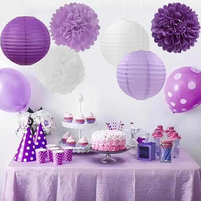 Purple White Paper Flowers Tissue Pom Poms Honeycomb Lanterns 15pcs Party Decorations for Birthday Lavender Baby Shower Wedding Mom Bridal Lilac Retirement Graduation Hanging Decor Mprocherify