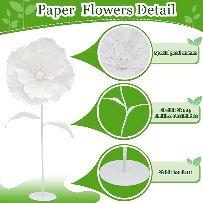 White Giant Flowers with Stand - 3 Metal Base Giant Paper Flower Flexible Big Flowers Decor for Birthday Party Baby Show Wedding Art Exhibition