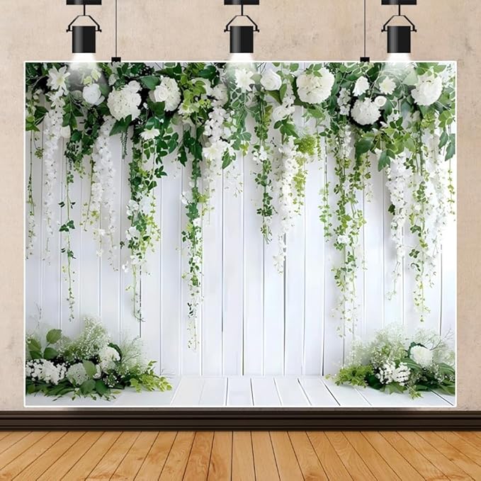 Flower Wall Backdrop 10x8ft Wedding Backdrop White Flower Backdrop Bridal Shower Backdrop Green Leaves Decoration Wood Wall Background Birthday Party Decorations Photo Studio Props
