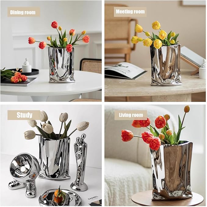 Ceramic Silver Flower Vase, Crinkle Paper Shape, Metal Decorative Home Accent (Large)