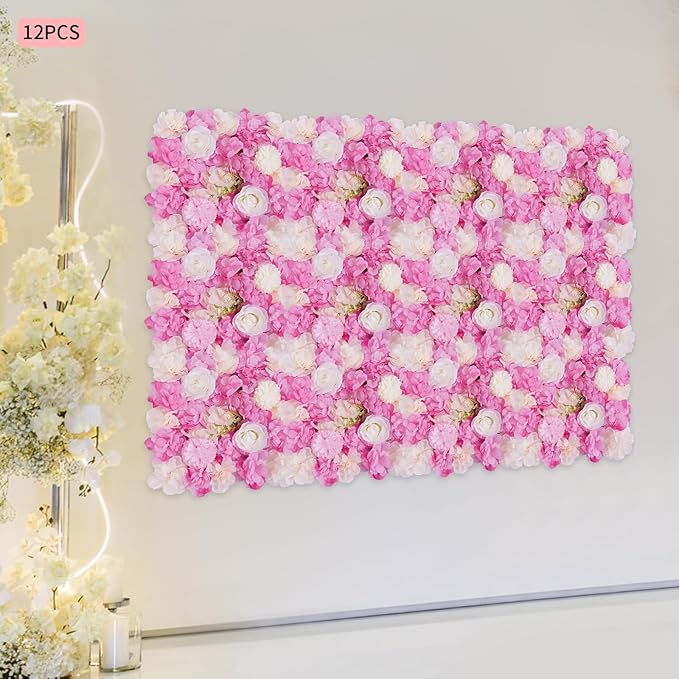12pcs Artificial Flower Panels, 3D Floral Mat Silk Hydrangea Rose Floral Panel for Wedding Backdrop Wall Decor Shop Photo Backdrop, Festival & Event Wall Décor (15 x15in, Pink)