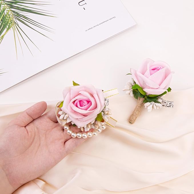 SITUMEIZI 2Pcs Pink Corsage and Boutonniere Set Corsage Wristlet for Prom Decor Boutonniere for Men Wedding Flowers Accessories Party Suit Decoration(Light Pink)
