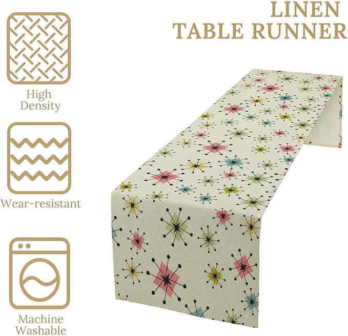 Mid Century Table Runner, Flag Retro Atomic Starburst 1950s Abstract Geometric Space Tabletop Decoration for Home Kitchen Restaurant Table Flag 13x60 Inch