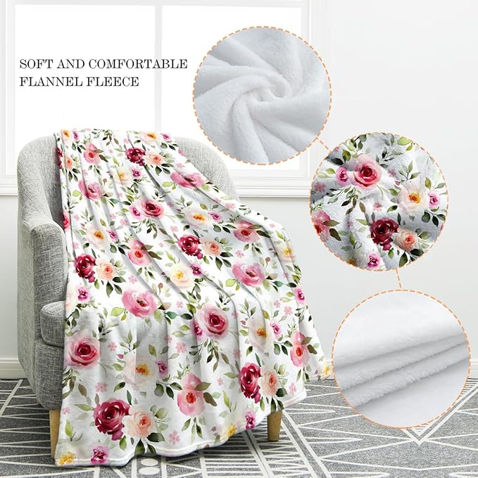 Jekeno Rose Flowers Blanket Gifts for Women Girls, Birthday Valentines Soft Throw for Adult, Lightweight Warm Flannel for Bed Sofa Couch Office Home 50"x60"