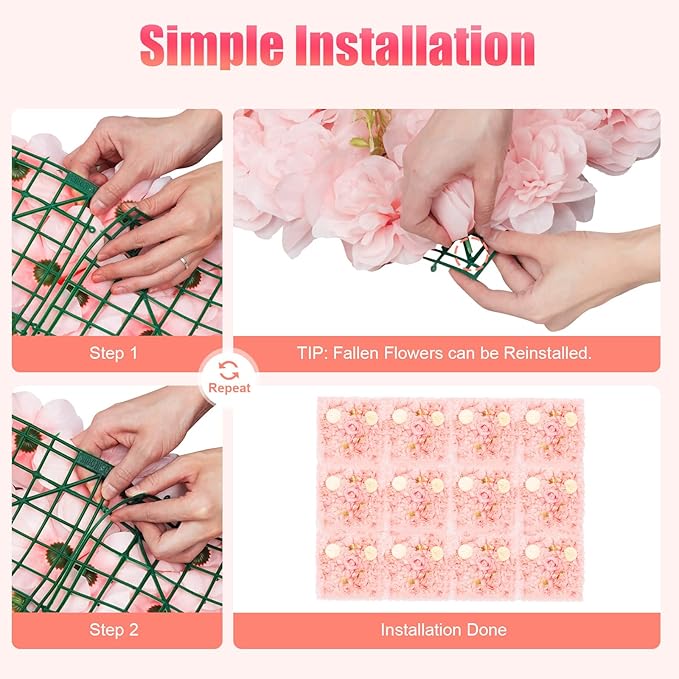 12Pcs Artificial Flower Wall Panel 3D Floral Backdrop Wall 15" X 15" Flower Walls Decor Flower Backdrop Faux Flowers Panel for Wedding Party Home Decoration, Pink/Champagne