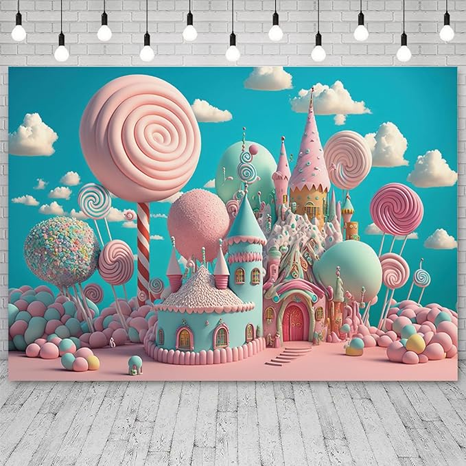 15x10ft Candyland Backdrop Sweet Candy Castle Photography Background Fantasy Lollipop Blue Sky White Cloud Cartoon Kids Birthday Banner Decorations Baby Shower Portrait Photo Booth Prop