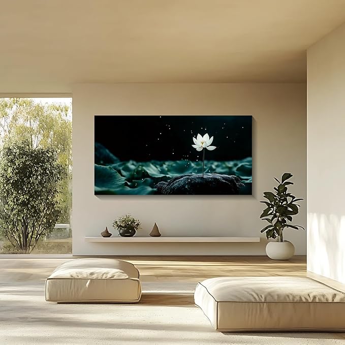 Iallbin Buddha Wall Art & Zen Wall Decor, White Lotus on Water Canvas Painting - for Yoga Meditation Room, Spa & Bathroom, Blue Art Deco Style, 58x29 Inches