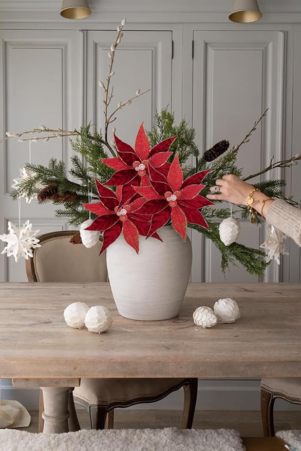Hollyone 3PCS Poinsettia Christmas Flowers Artificial 11" Large Velvet Red Glitter Poinsettia Flowers Christmas Tree Ornaments Floral Picks for Tree Wreath Garland Vase Table Centerpiece Home Decor