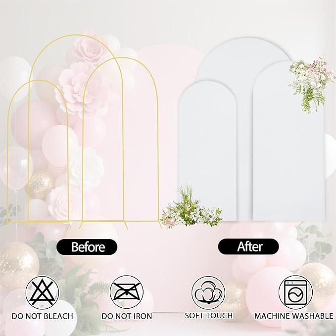 WEERRW Wedding Arch Cover White Spandex Fitted Set of 3 Balloon Arch Stand Covers Round Top Chiara Stretchy Backdrop for Birthday Party Baby Shower Banquet Decoration (6FT, 6.6FT, 7.2FT)