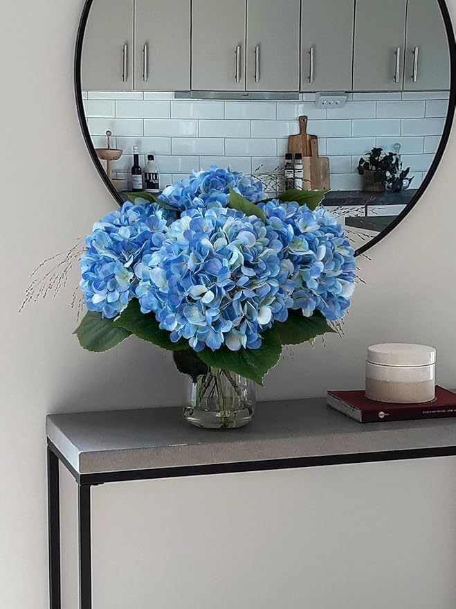 YalzoneMet 4Pcs Blue Silk Hydrangea Artificial Flower Lifelike Big Blooms 20'' Long Stem Faux Hydrangea Flower Bouquets for Home Party Indoor Baby Shower Outdoor Wedding Table Centerpiece Decor
