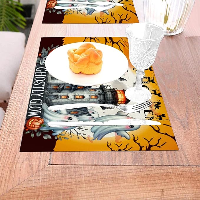 PVC Placemats Set of 4 Wipeable Table Mats Washable Heat Resistant Non Slip Vinyl Dining Table Mat for Kitchen Indoor Outdoor Patio Farmhouse Place Mats Black Halloween Castle Decorative