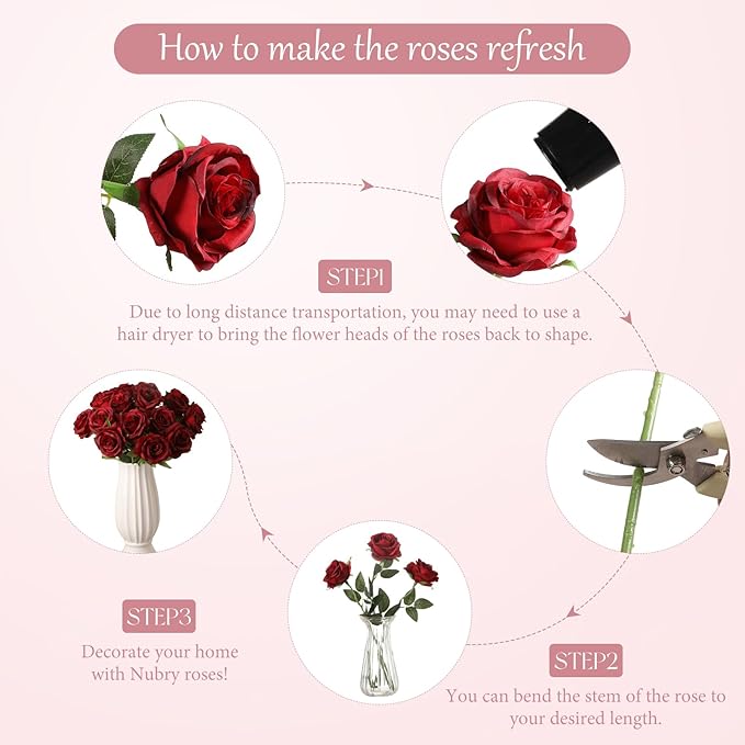 Nubry 24pcs Artificial Silk Roses Bulk,Fake Roses Flower with Stems Realistic Flowers for Wedding Centerpiece Home Party Decor(Burgundy)