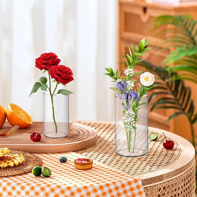 24 Pcs Plastic Vases for Centerpiece, 4 Inch & 6 Inch Small Clear Plastic Cylinder Flower Vase Bulk Acrylic Vases for Centerpiece Home Wedding Table (12pcs 4in + 12pcs 6in)