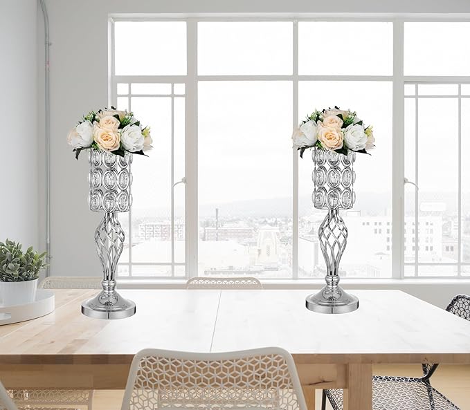 Set of 10 Diamond Crystal Wedding Centerpiece Vases for Tables, 20"/24" Versatile Tall Flower Holders Centerpiece Flower Stands for Wedding Party Reception Dining Room Living Room Décor