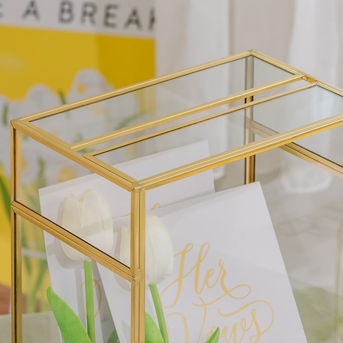 NCYP Small Glass Cards Box with Slot and Lock for Wedding, 8" x 5.5" x 11.3" - Home Birthdays Party Tabletop Decor, Gold, Clear Envelopes Terrarium (Card Box Only)