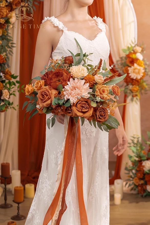 TINGE TIME 13 inch Terracotta Wedding Bouquets for Bride, Bridal Bouquet for Bride, Artificial Silk Rose for Graduation Bouquet, Fake Flowers for Fall Wedding Ceremony and Anniversary