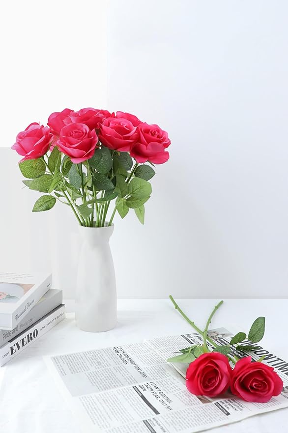 50pcs Roses Artificial Flowers Real Touch Fake Flowers with Long Stems Silk Flowers for Wedding Bouquet Centerpices Decorations Party Bridal Baby Shower Home Decor (Hot Pink)