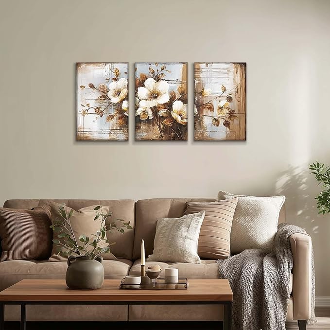 YCJKJDZ Dark Floral Wrapped Canvas Wall Art Set of 3, Neutral Fall Plant Bohemian Vintage Moody Flower Wall Decor Artwork for Farmhouse Bedroom Living Room Office, 16x24 inches