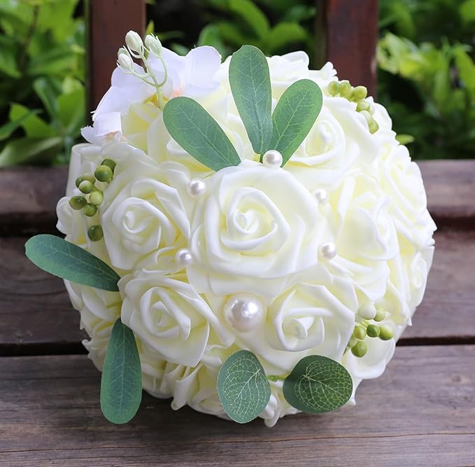 Lightweight Bridal Wedding Bouquet Round Holding Bouquet Throw Toss Artificial Rose Flower Bunch for Bride Bridesmaid Wedding Quinceanera (Cream, 9.1")